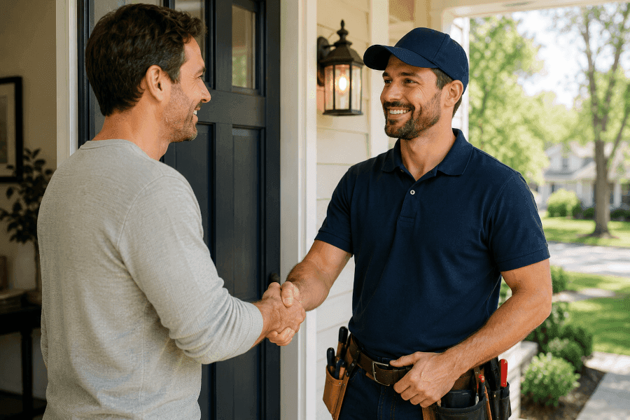 Handyman greeting a homeowner after a completed project