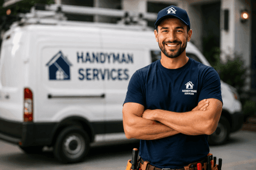 Contractor standing in front of a service vehicle