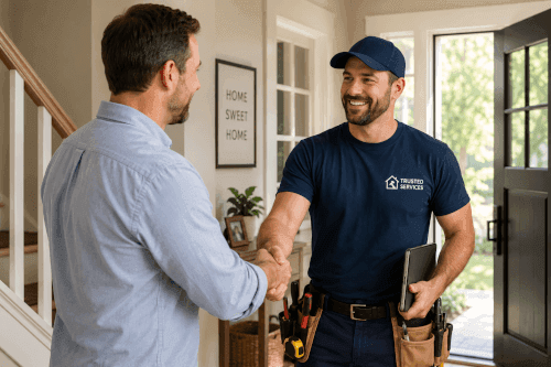 Homeowner and contractor greeting each other