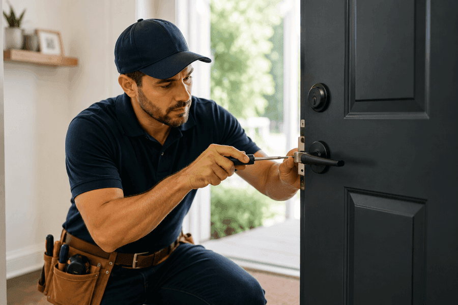 Handyman repairing a residential door lock