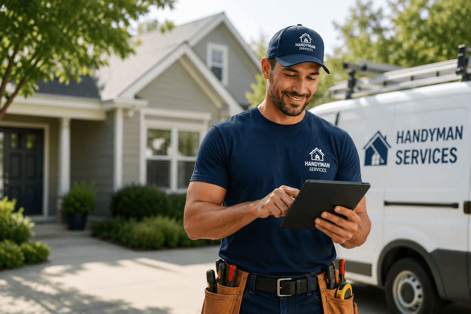 Contractor reviewing a HandymanBeacon business overview on a tablet